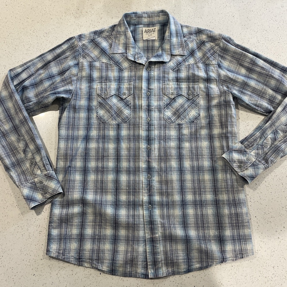 Ariat Shirt Men Size L Blue Plaid Button Up Western‎ Cowboy Retro Fit Patterned